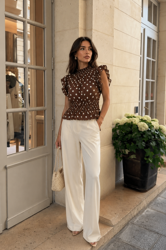 Chestnut Polka Dot Smocked Peplum Blouse