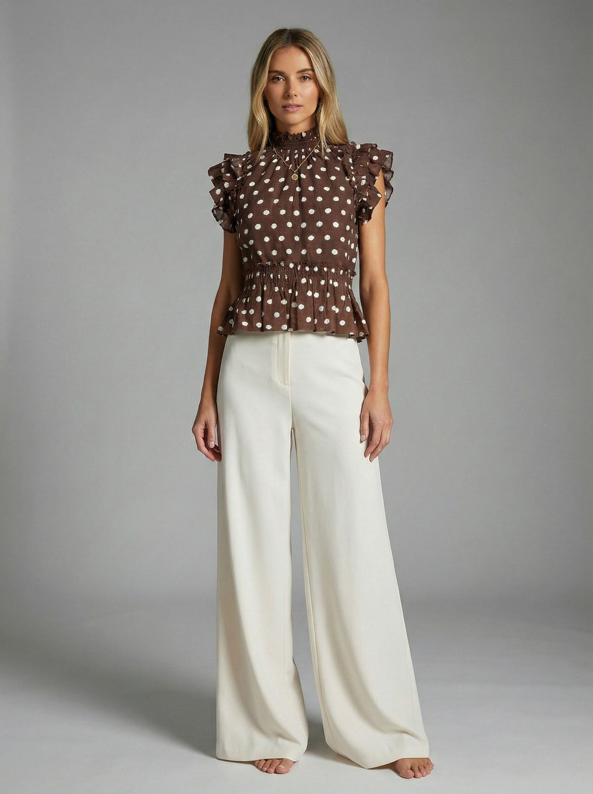 Chestnut Polka Dot Smocked Peplum Blouse