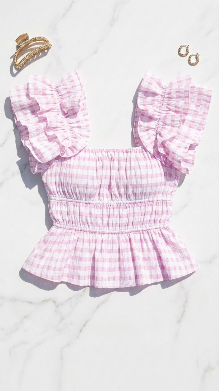 Lavender Gingham Gaia Top, Lavender Gingham Gaia, women's top, floral print, check print, resortwear style by Meet Me in Santorini