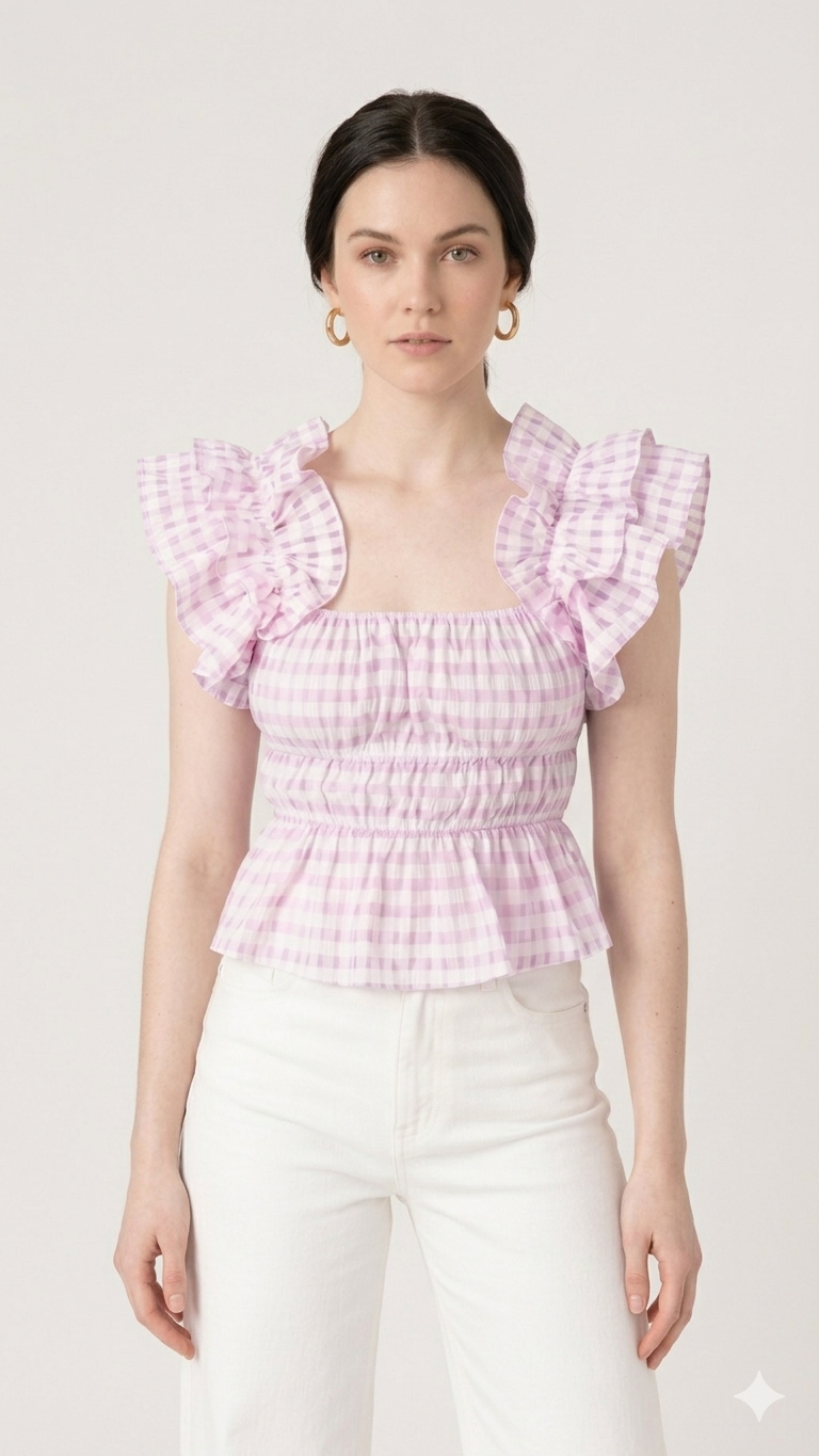 Lavender Gingham Gaia Top, Lavender Gingham Gaia, women's top, floral print, check print, resortwear style by Meet Me in Santorini