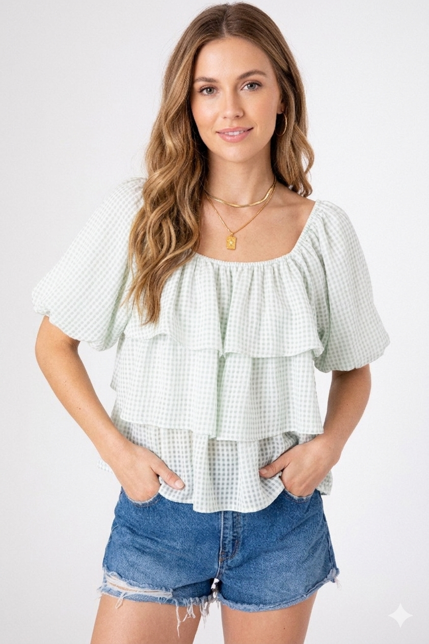 Mint Check Harmony Top, Mint Check Harmony, women's top, check print, resortwear style, feminine boutique style by Meet Me in Santorini