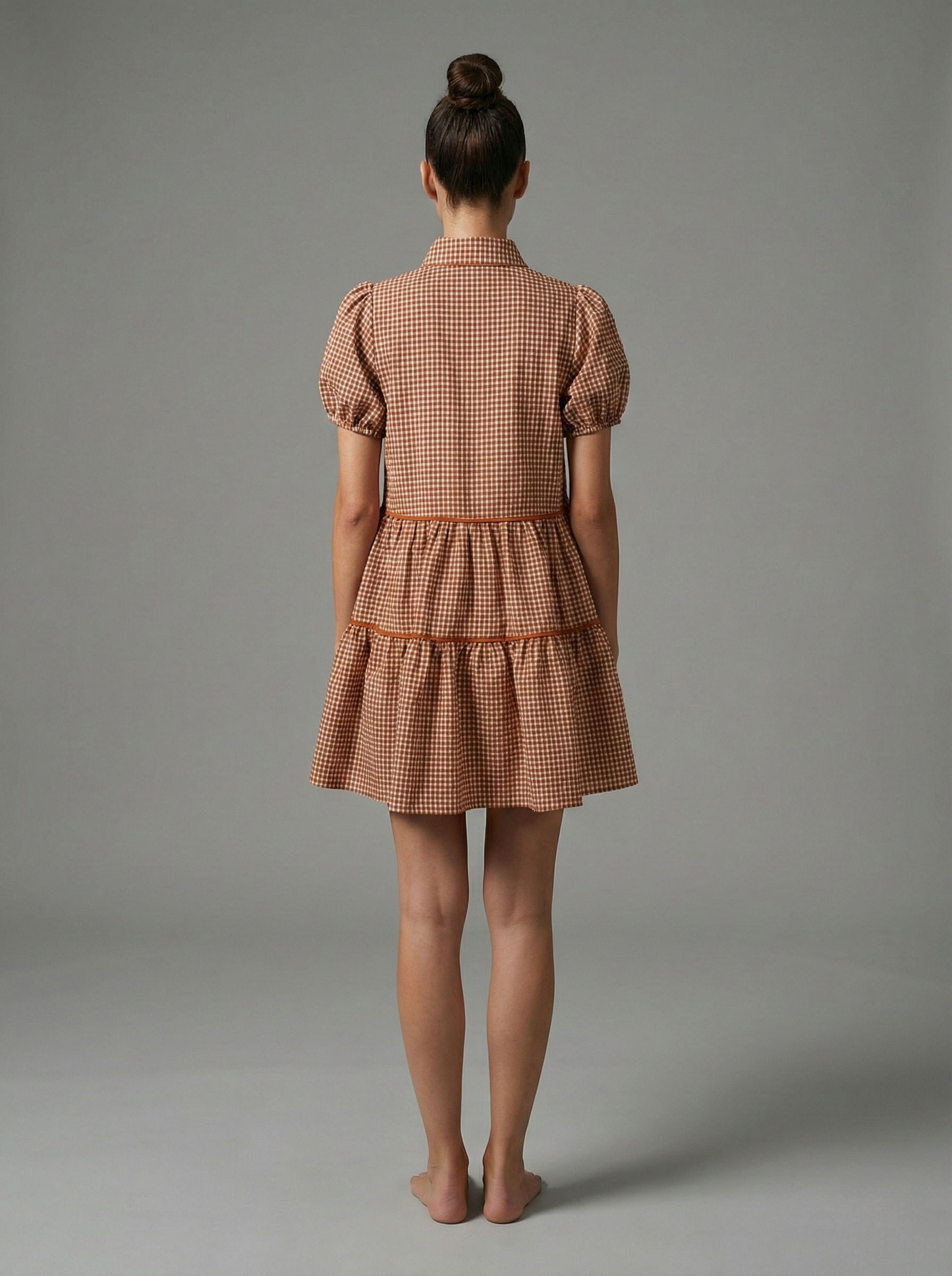 Terracotta Check Tiered Button Front Mini Dress