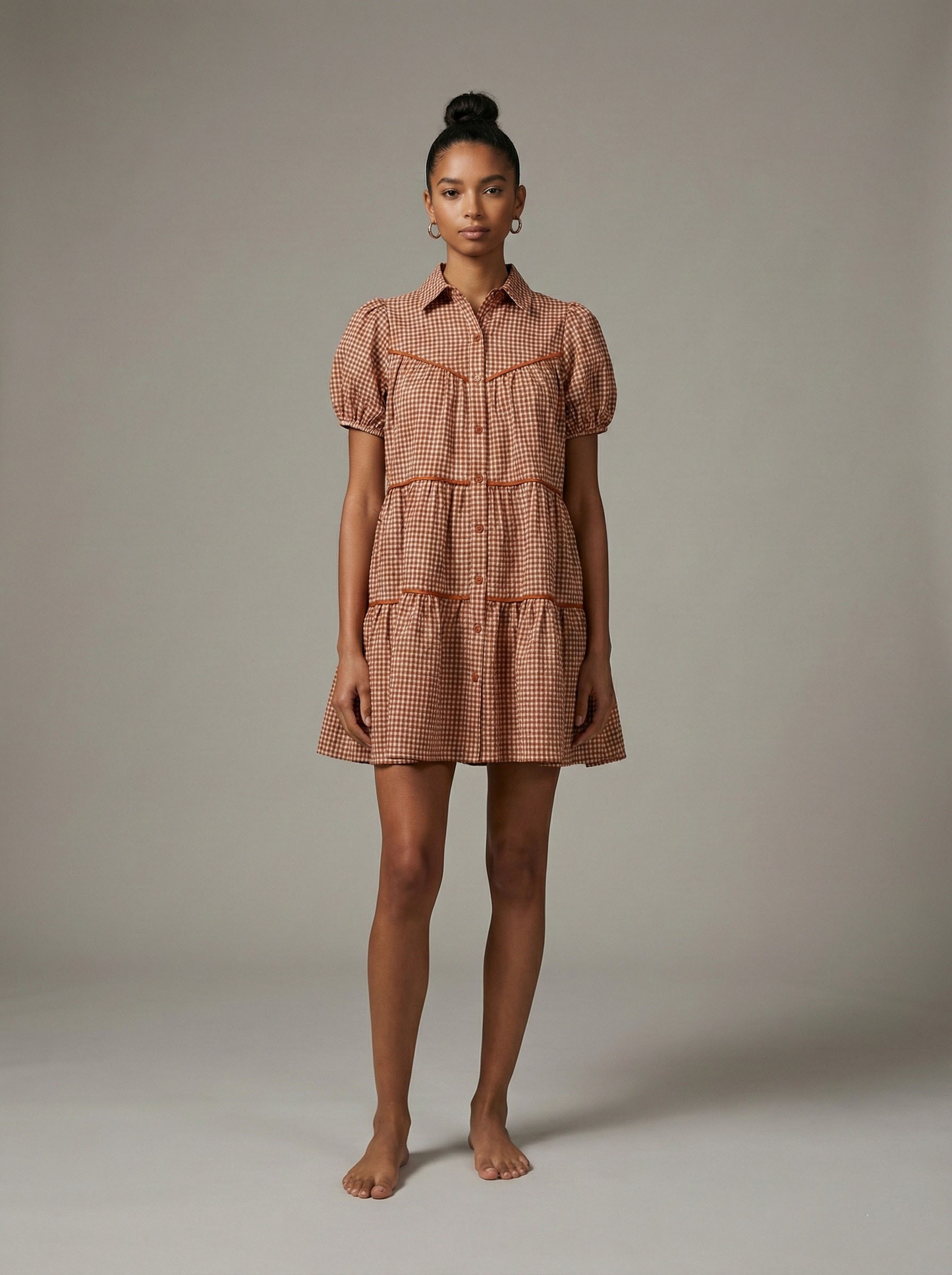 Terracotta Check Tiered Button Front Mini Dress