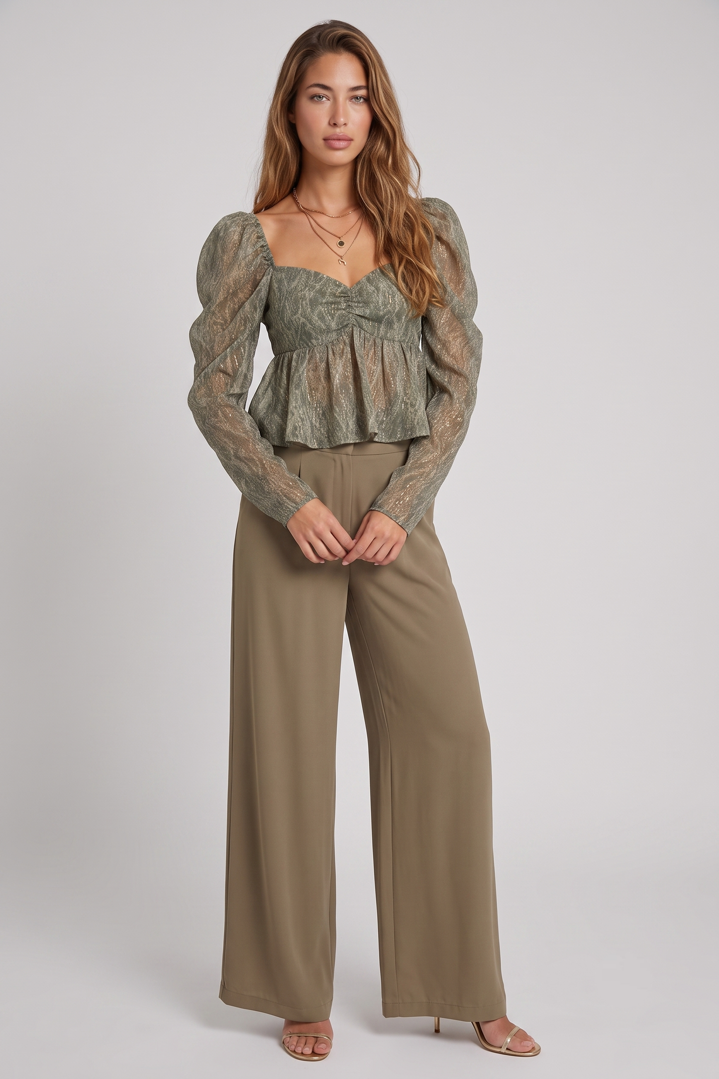 Olive Slither Puff Sleeve Peplum Top