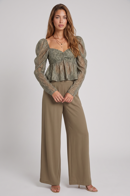 Olive Slither Puff Sleeve Peplum Top