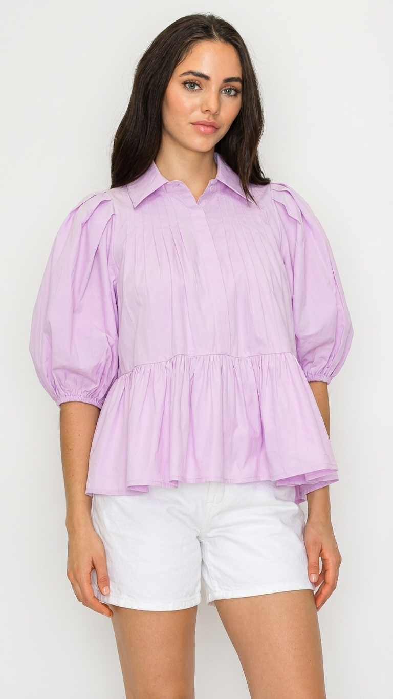 Lavender Breeze Blouse, women's top, abstract print, resortwear style, feminine boutique style by Meet Me in Santorini