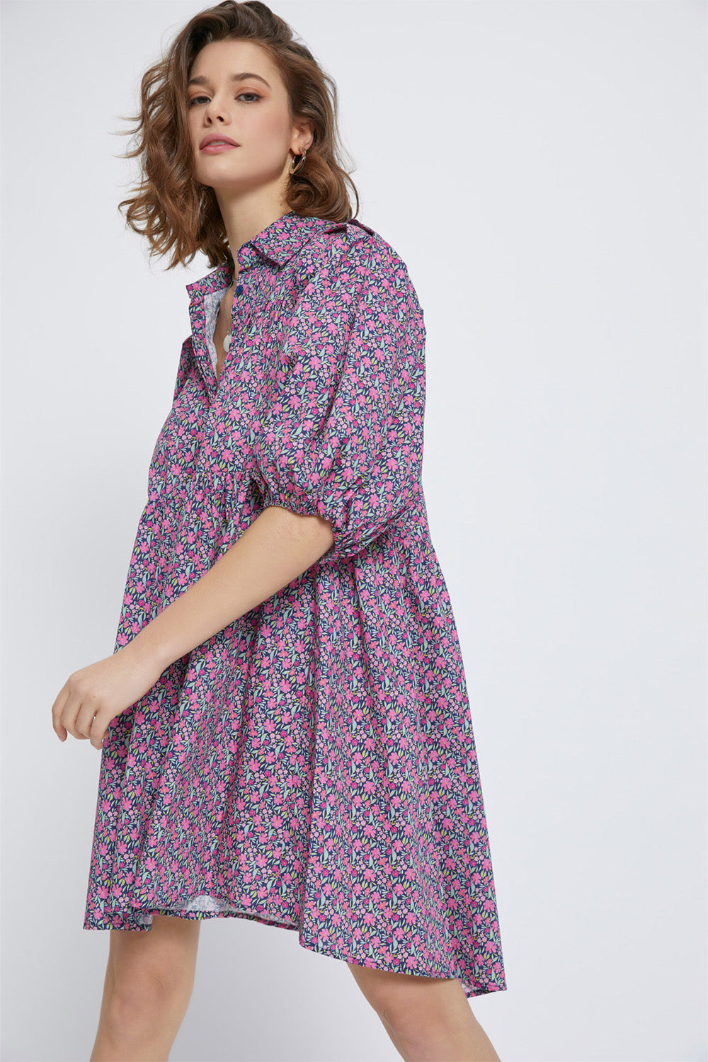 Pink Navy Ditsy Poplin Pleates Dress