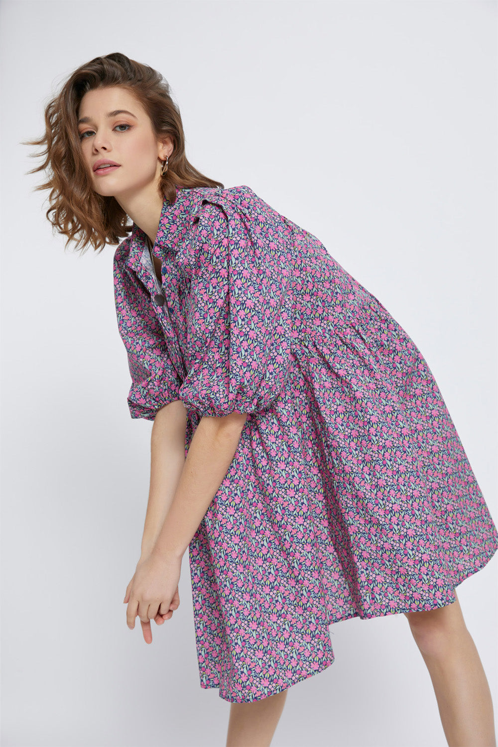 Pink Navy Ditsy Poplin Pleates Dress