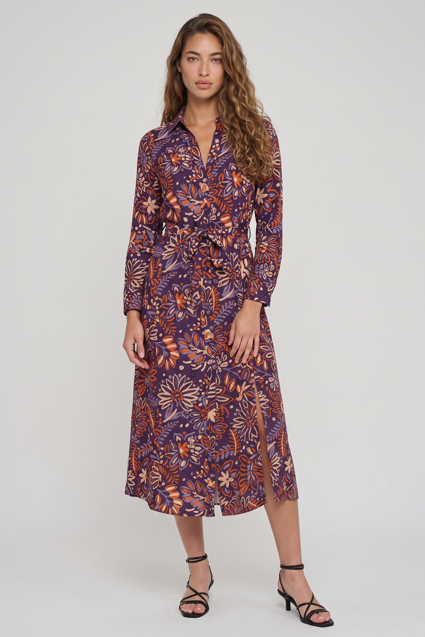 Twilight Ikat Floral Belted Midi Shirt Dress