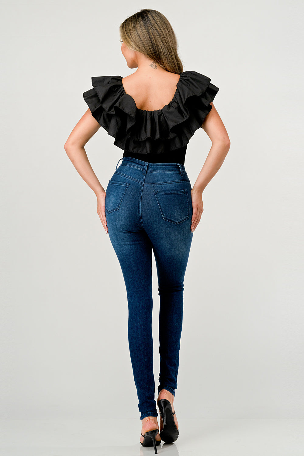 Black Poplin Ruffle Bodysuit