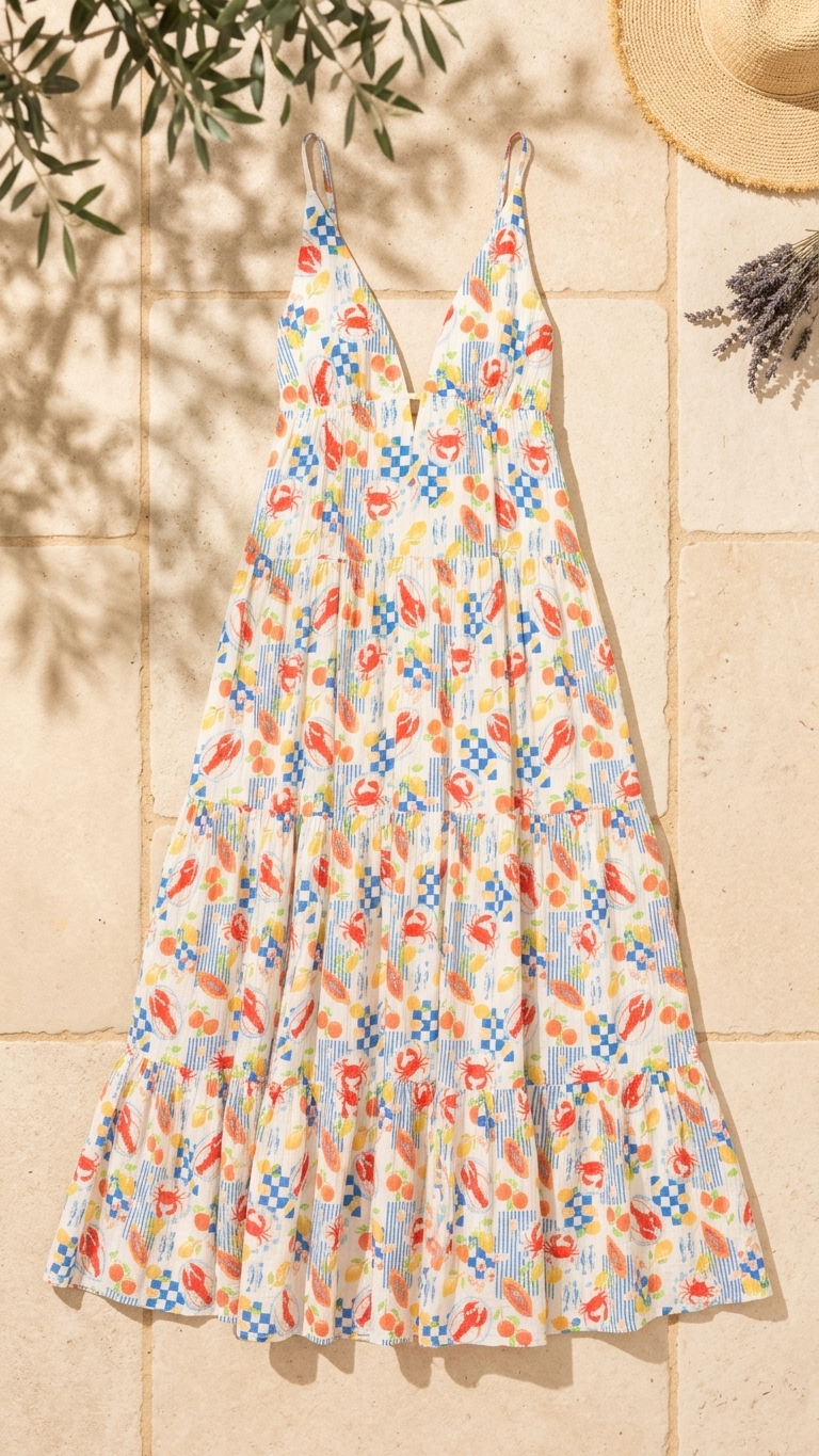 Flat lay of the Mykonos Market Maxi Dress, a white and blue tiered maxi dress with a colorful lobster and fruit print on a stone background with a straw hat and olive branches.