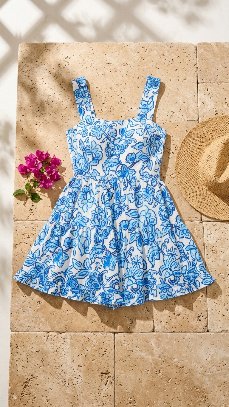 Flat lay of the Delos Petals Romper, a white and blue floral print romper featuring a square neck and tiered-ruffle hem on a stone tile background with a sun hat and bougainvillea.