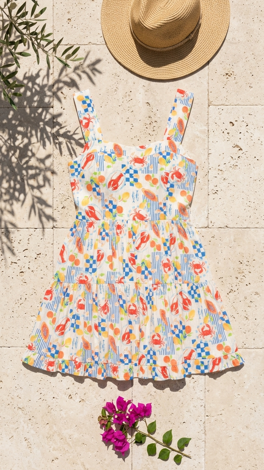 Flat lay of the Mykonos Market Romper, a white romper with a colorful lobster, crab, and lemon print featuring a tiered skirt on a stone background with a straw hat.