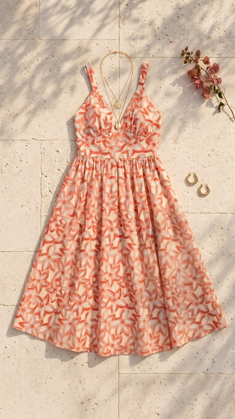 Flat lay of the Petra Blush Midi Dress, a terracotta and blush pink floral print midi dress featuring a V-neckline on a stone tile background with gold necklaces and earrings.