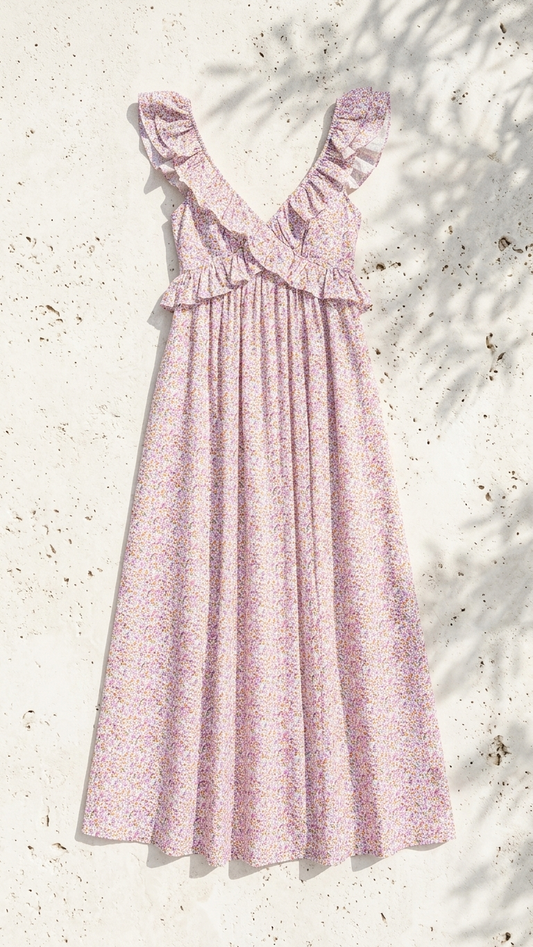 Spring Bloom Meadow Maxi Dress, Spring Bloom Meadow, women's maxi dress, floral print, abstract print, resortwear style by Meet Me in Santorini
