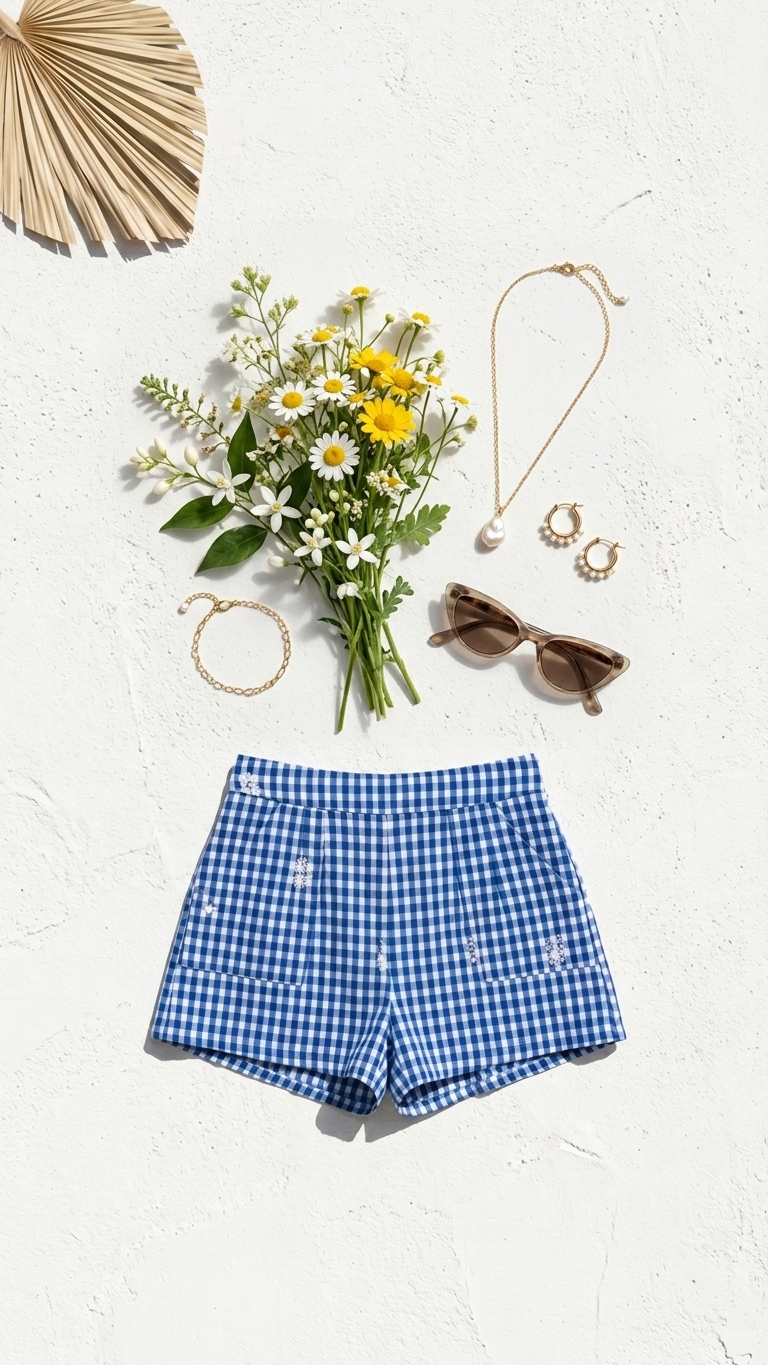 Flat lay of the Azure Lace Shorts, blue and white gingham high-waisted shorts featuring white lace embroidery on a white stone background with flowers and accessories.