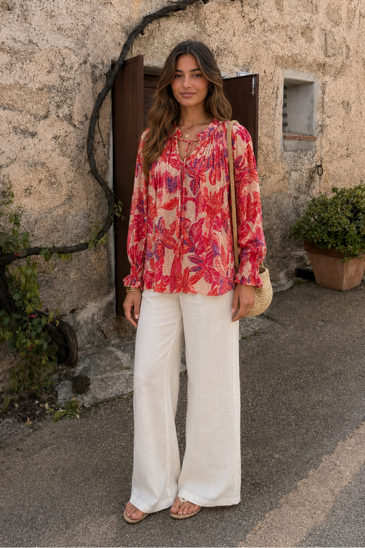 Fresco Flora Ruffle Cuff Tie Neck Blouse
