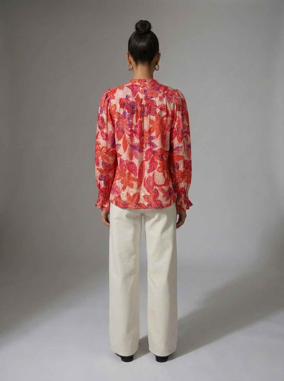 Fresco Flora Ruffle Cuff Tie Neck Blouse