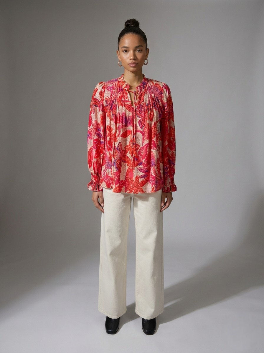 Fresco Flora Ruffle Cuff Tie Neck Blouse