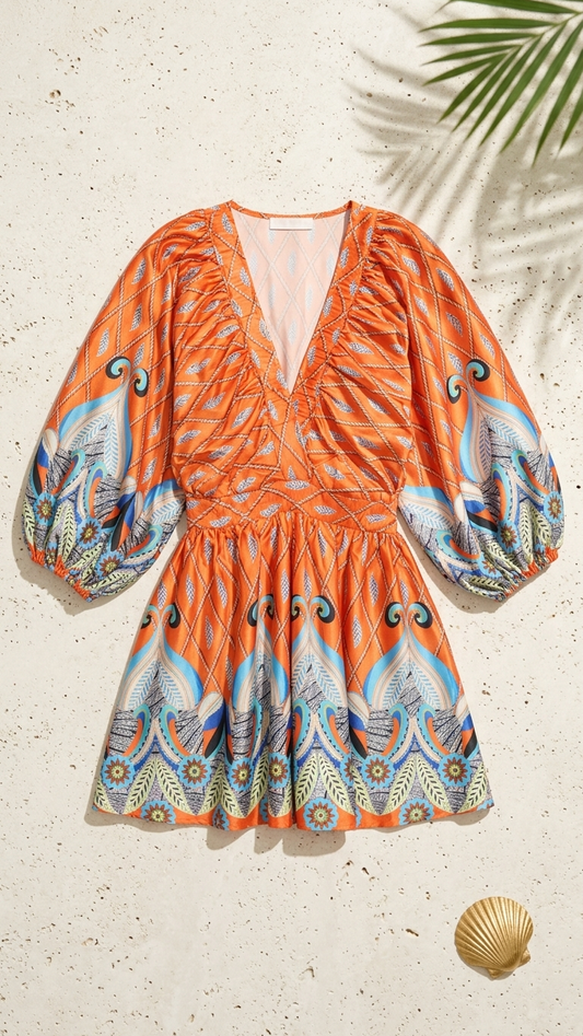 Saffron Paralia Romper, Saffron Paralia, women's dress, abstract print, resortwear style, feminine boutique style by Meet Me in Santorini