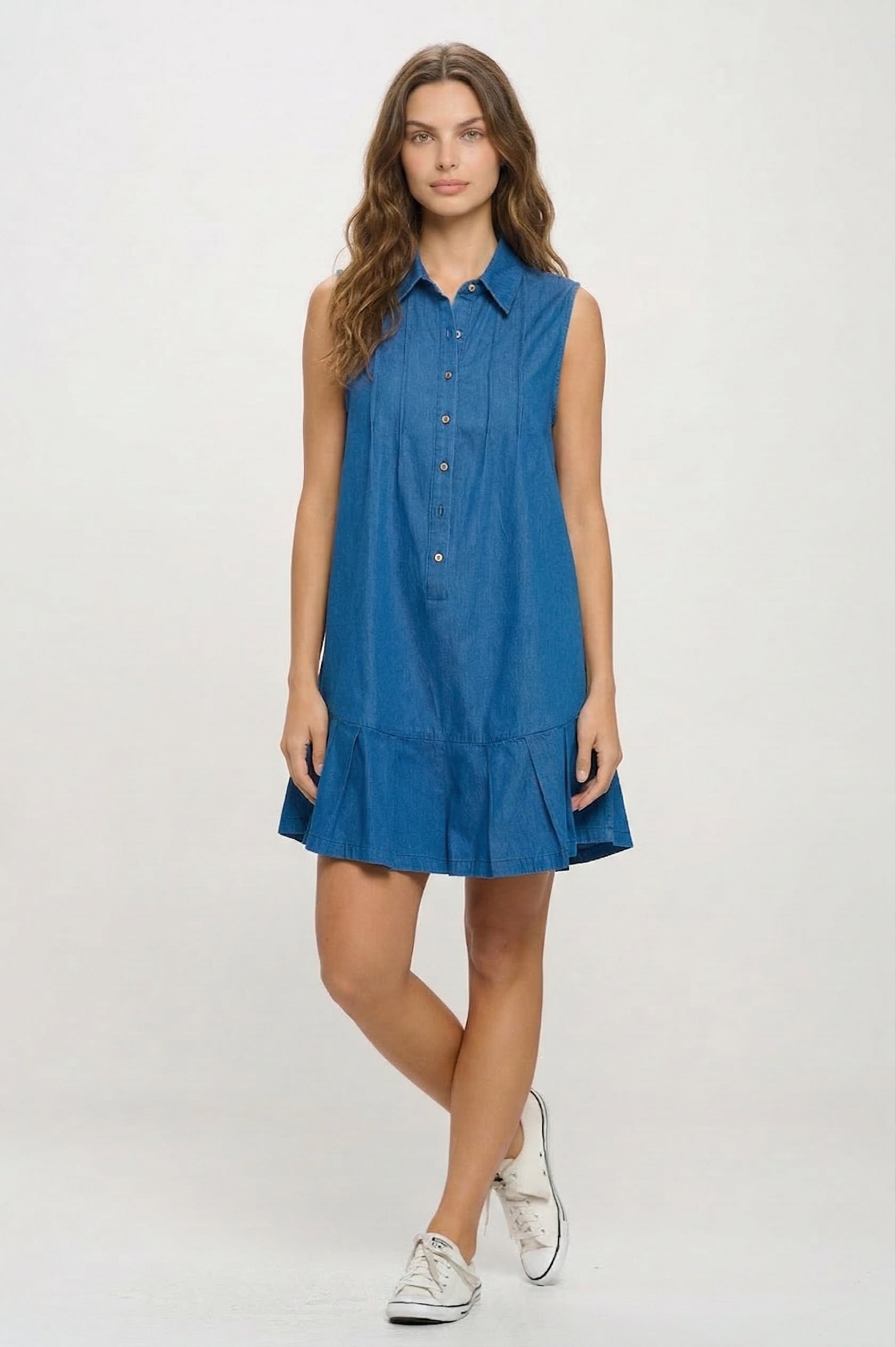 Azure Chambray Romper, Azure Chambray, women's dress, resortwear style, sleeveless silhouette, feminine boutique style by Meet Me in Santorini