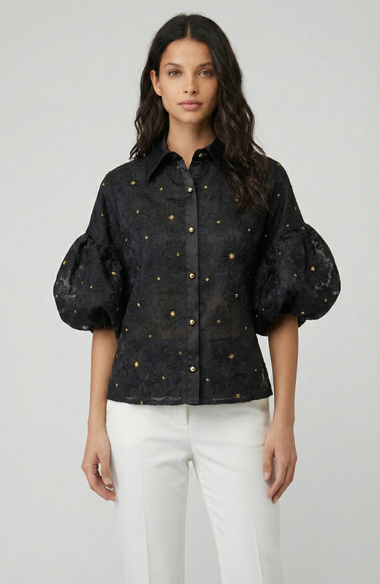 Black Floral Embroidered Organza Puff Sleeve Blouse