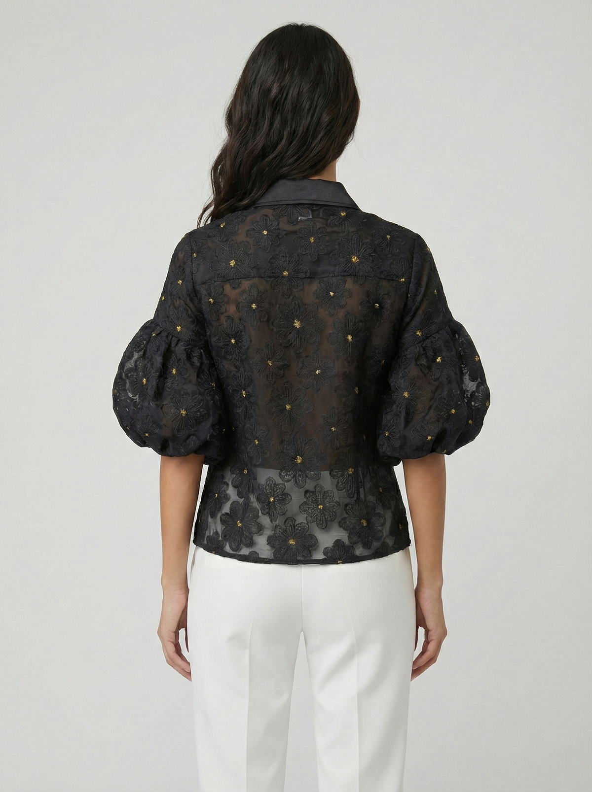 Black Floral Embroidered Organza Puff Sleeve Blouse