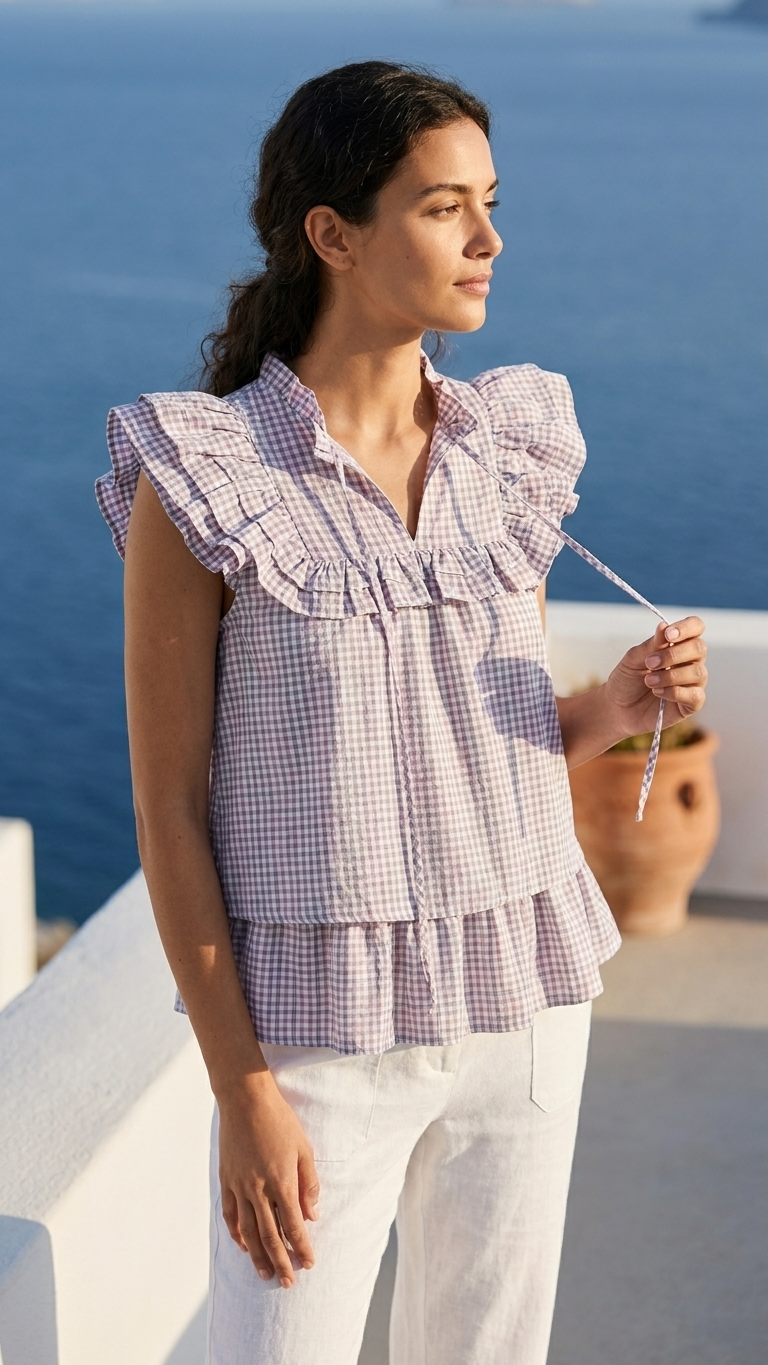 Aegean Plaid Top, Aegean Plaid, women's top, abstract print, resortwear style, feminine boutique style by Meet Me in Santorini