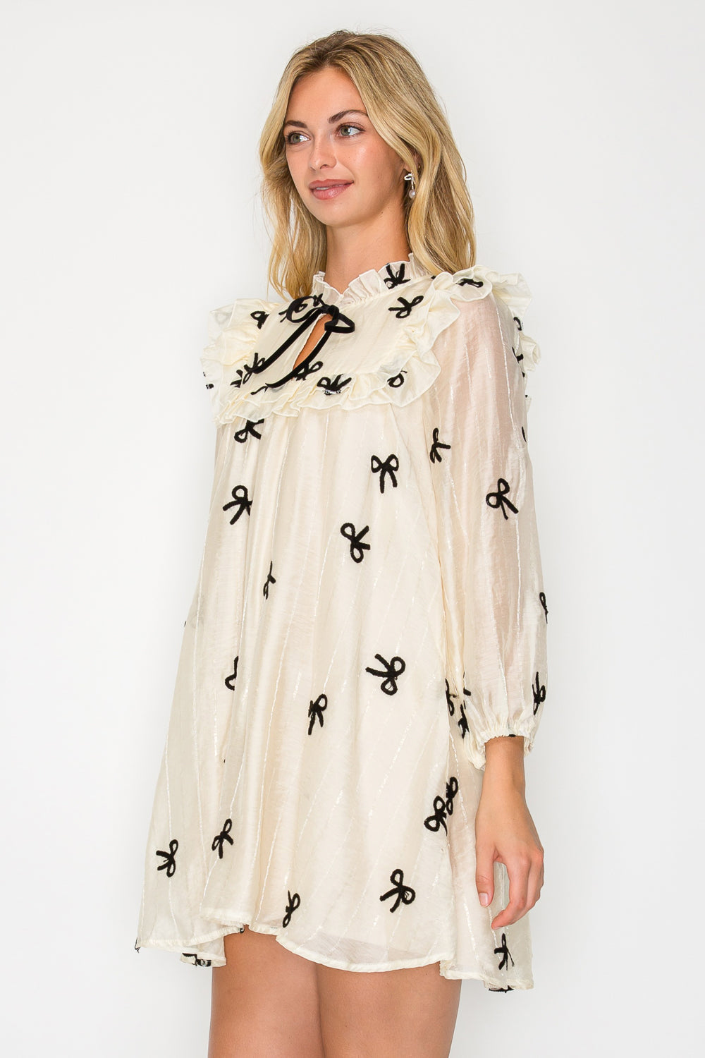 Organza Bow Long Sleeve Mini Dress