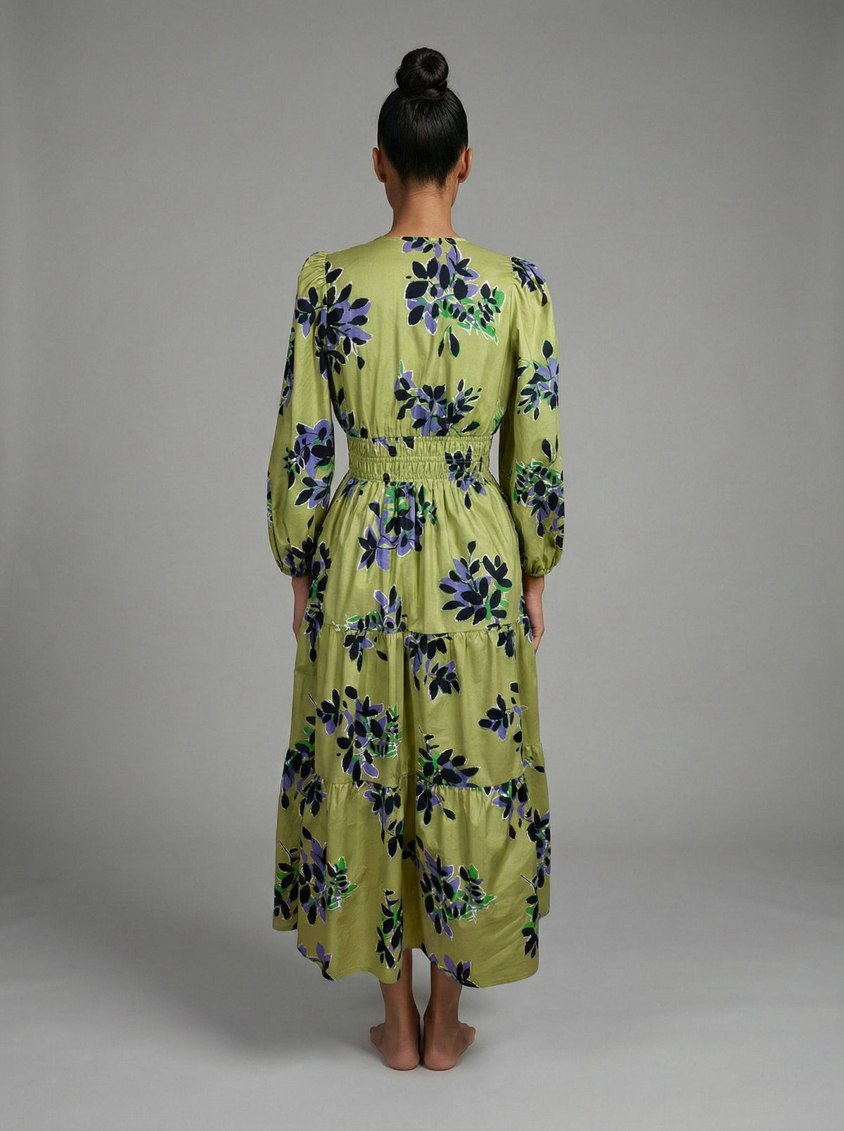 Olive Botanical Smocked Waist Midi Dress