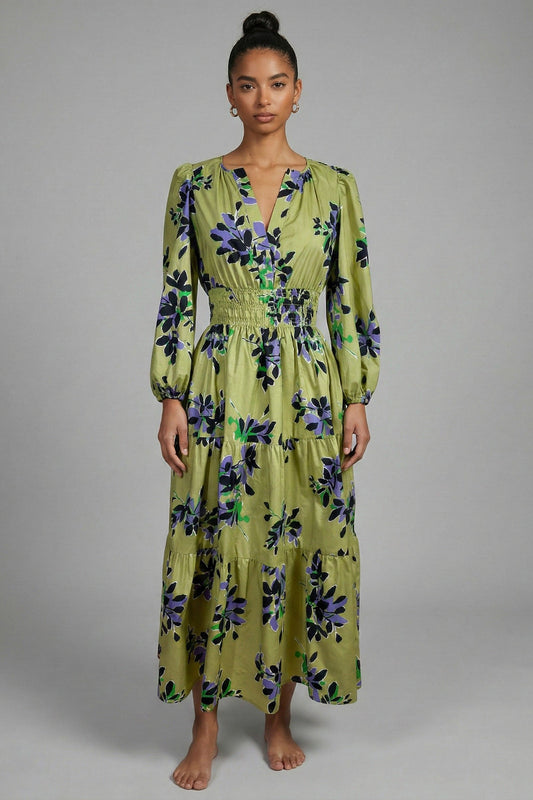 Olive Botanical Smocked Waist Midi Dress