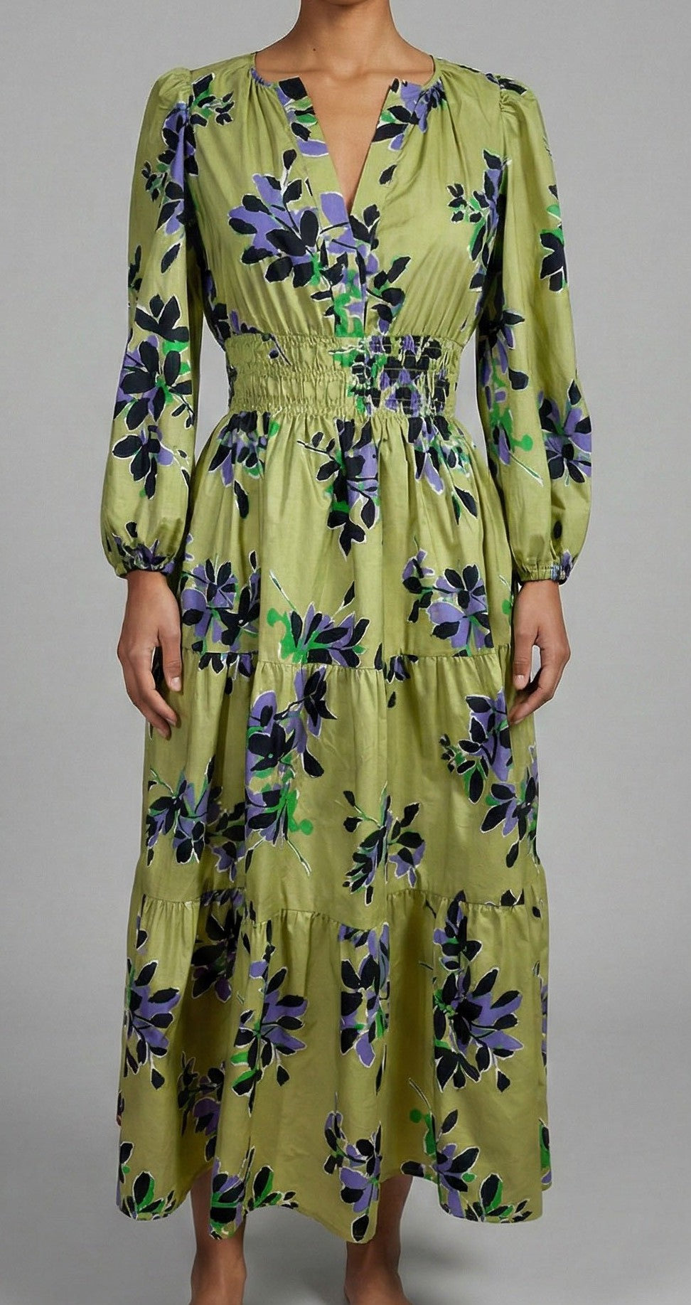 Olive Botanical Smocked Waist Midi Dress