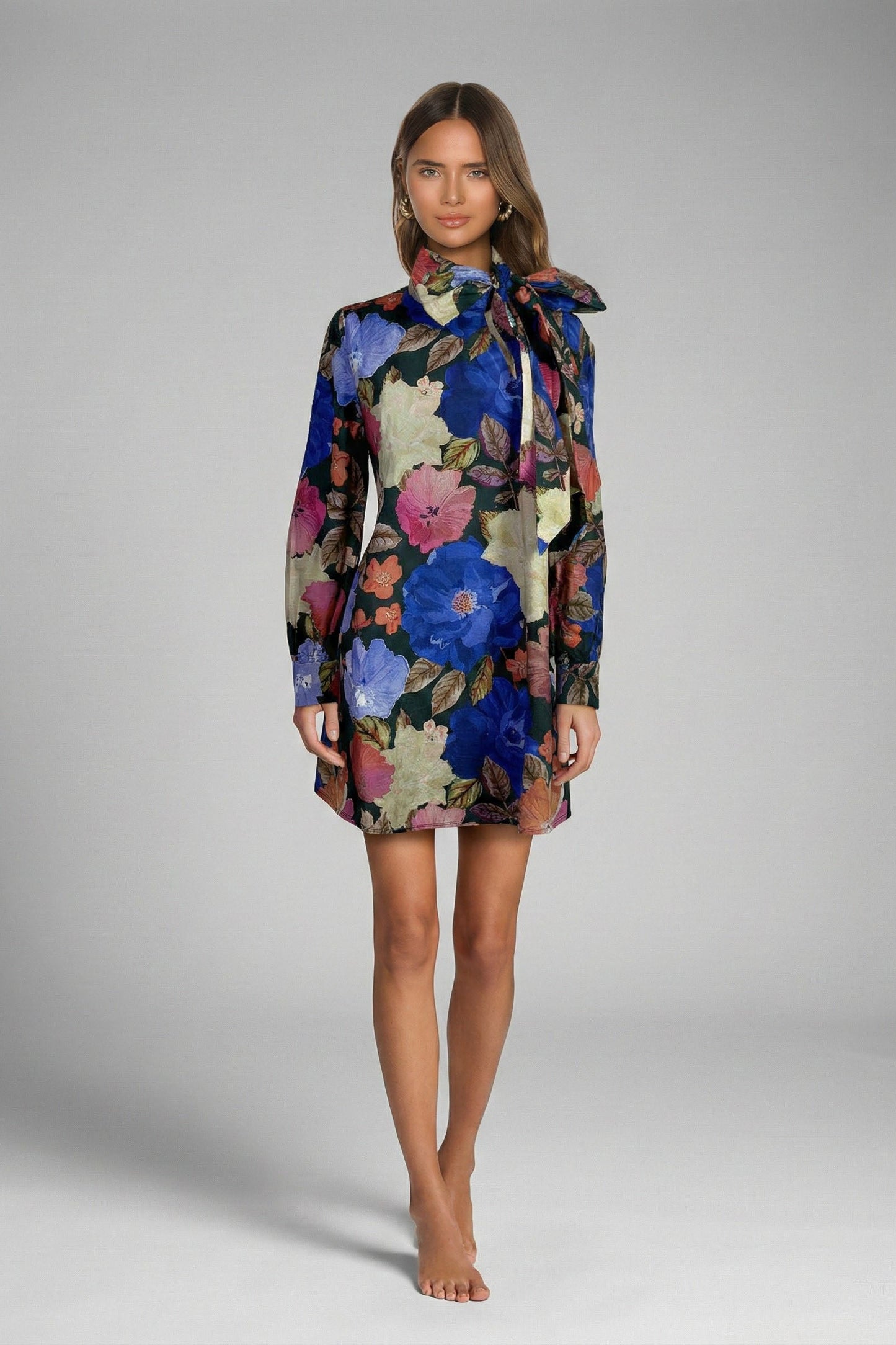 Night Blossom Tie-Neck Mini Dress