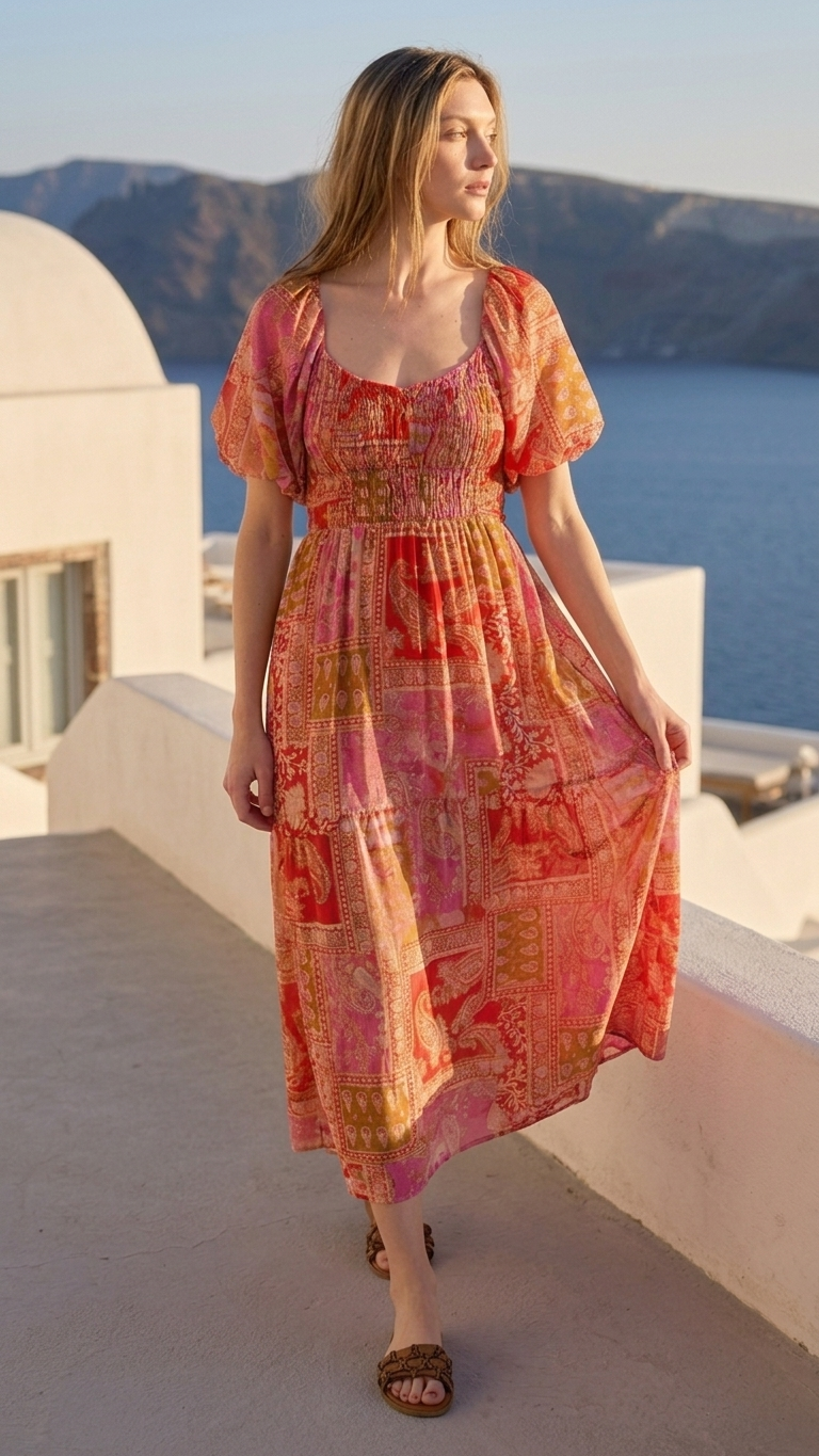 Mediterranean Majesty Puffy Sleeve Maxi Dress