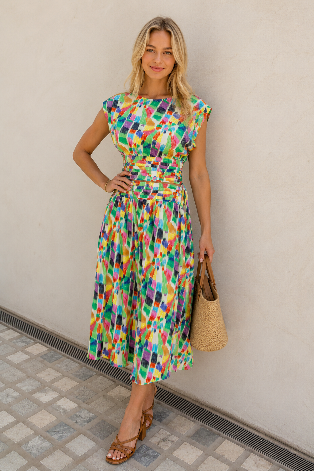 Woman wearing a colorful patterned dress against a plain wall.