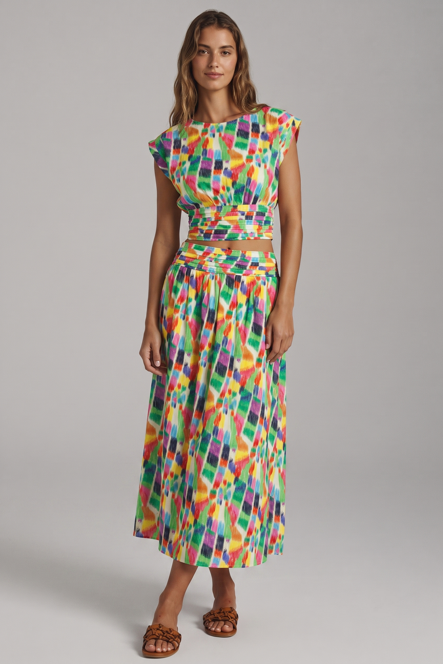 Rainbow Strokes Printed Crop Top & Midi Skirt Set