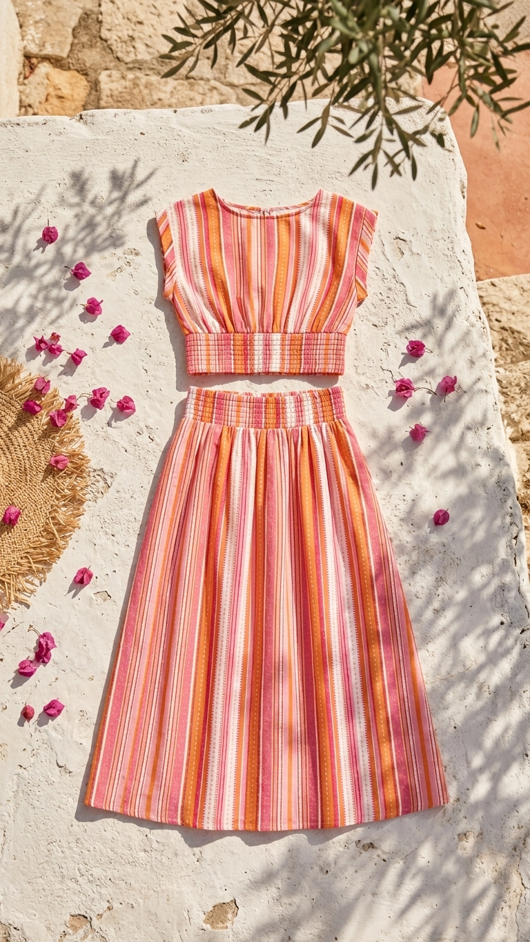 Flat lay of the Sirocco Stripe Set, a pink and orange vertical stripe two-piece crop top and midi skirt set on a white stone background with bougainvillea.