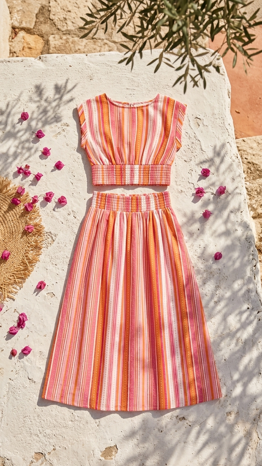 Flat lay of the Sirocco Stripe Set, a pink and orange vertical stripe two-piece crop top and midi skirt set on a white stone background with bougainvillea.