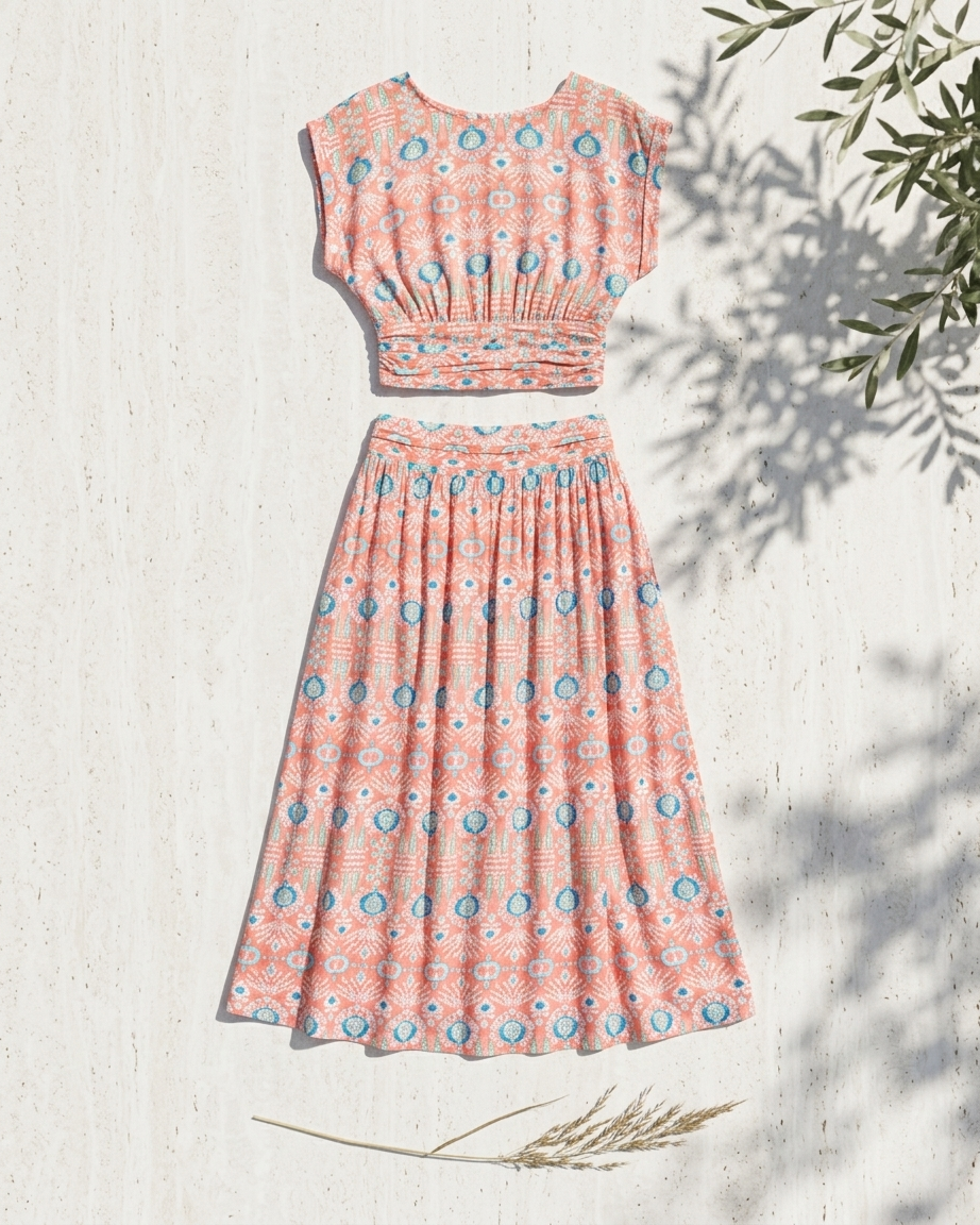 Two-piece floral dress set on a light background with shadows of leaves.