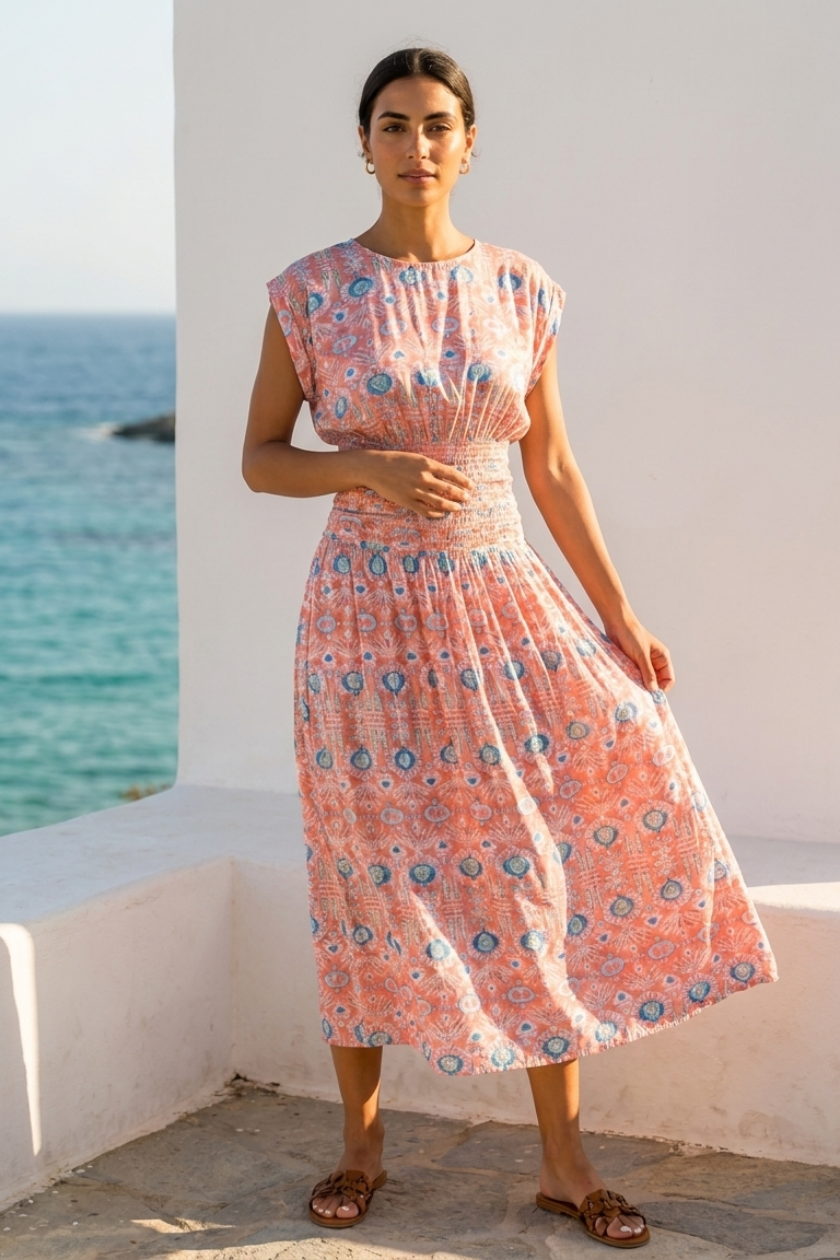 Woman in a floral dress standing on a white ledge with ocean view