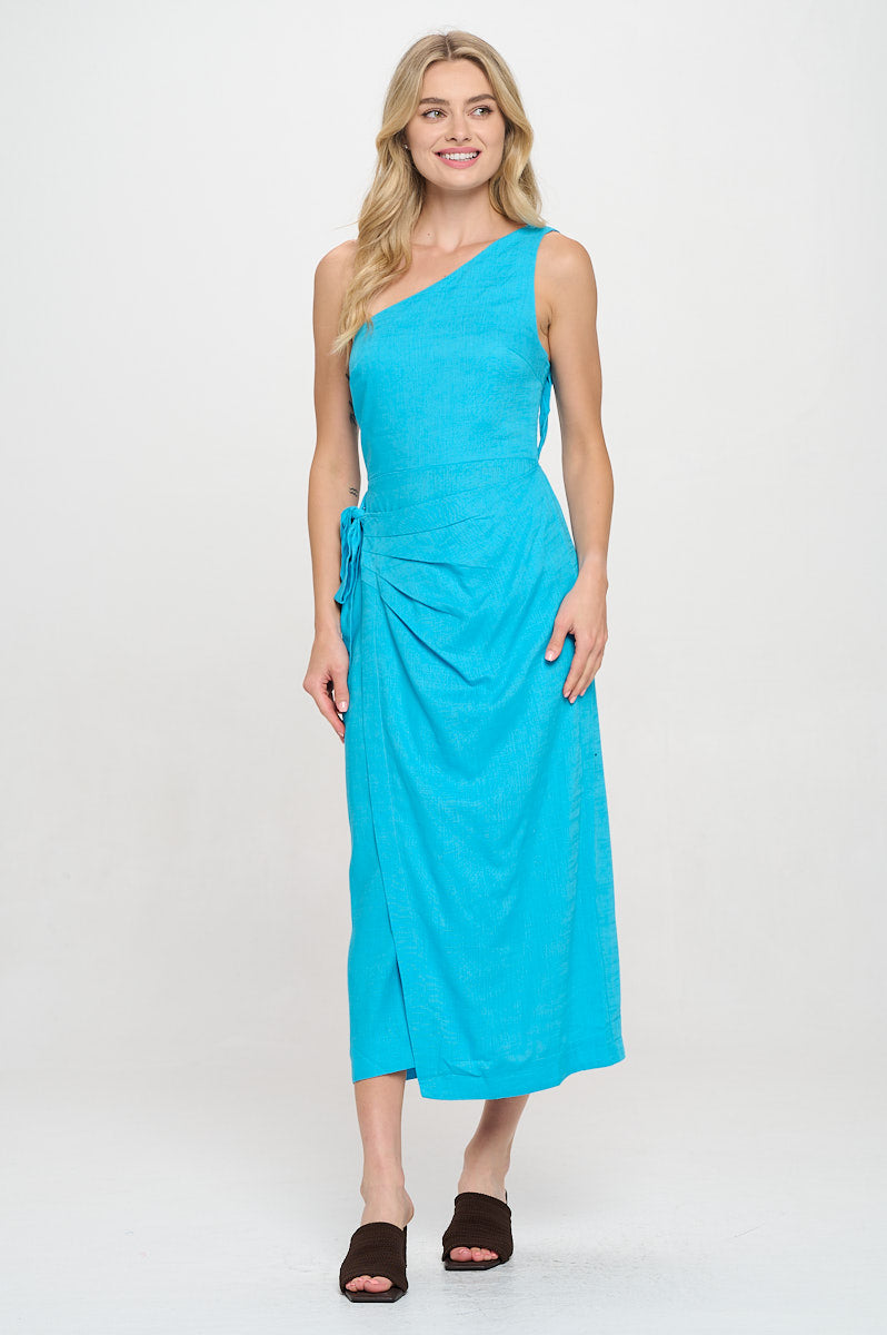 Model wearing a one-shoulder turquoise blue wrap midi dress with side tie detail.