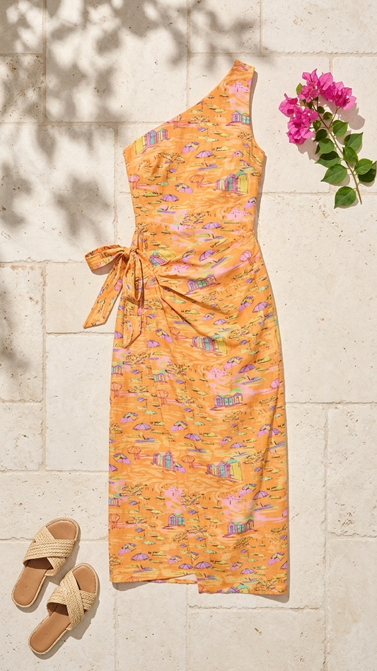 Golden Shoreline One Shoulder Wrap Midi Dress, Golden Shoreline One by Meet Me in Santorini