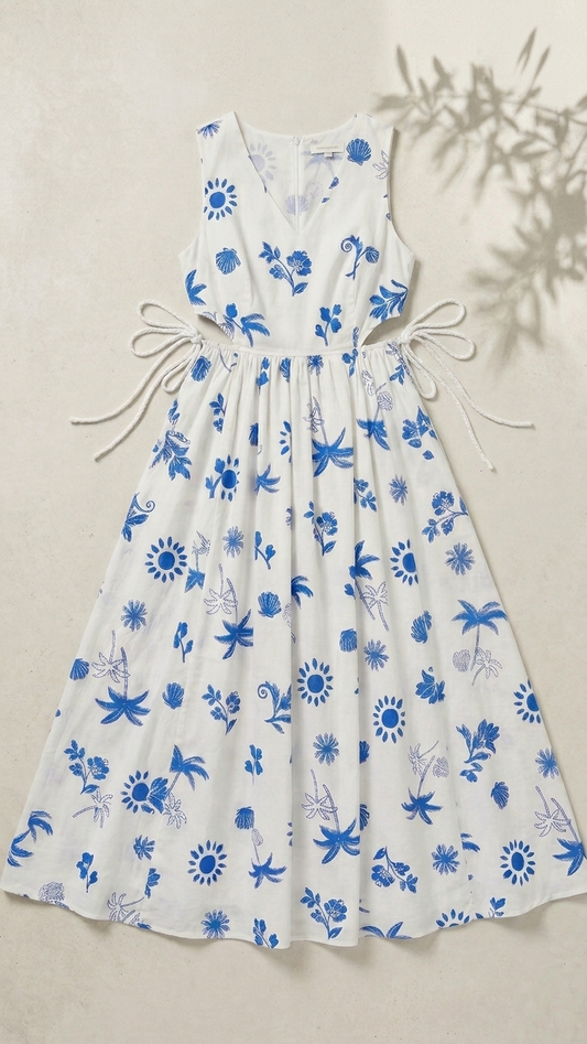 Island Azure Maxi Dress, Island Azure, women's maxi dress, floral print, abstract print, resortwear style by Meet Me in Santorini