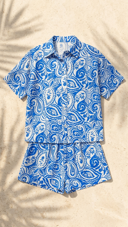 Athena Blue Paisley Set, Athena Blue Paisley, women's matching set, floral print, abstract print, resortwear style by Meet Me in Santorini