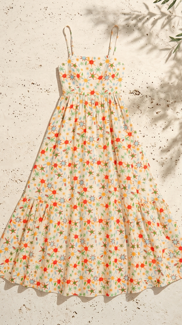 Aegean Daisy Maxi Dress, Aegean Daisy, women's maxi dress, abstract print, resortwear style, sleeveless silhouette by Meet Me in Santorini