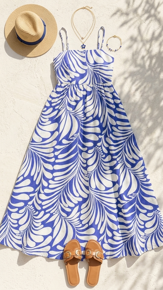 Flat lay of the Cycladic Palm Maxi Dress, a white and indigo blue abstract palm print maxi dress featuring adjustable straps and a square neck on a white stone background.