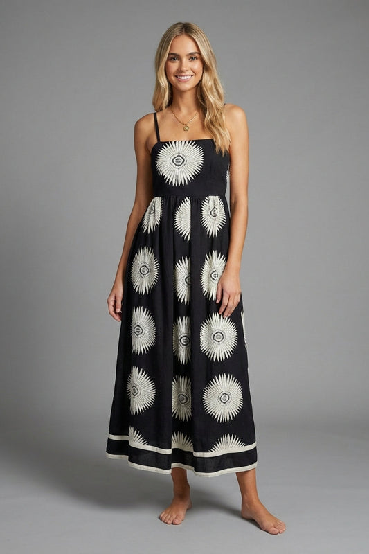Lunar Bloom Floral Medallion Smocked Maxi Dress