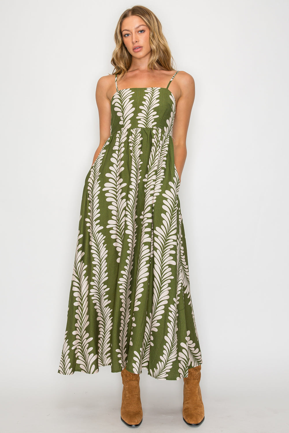 Leaf Cascade Botanical Print Maxi Dress