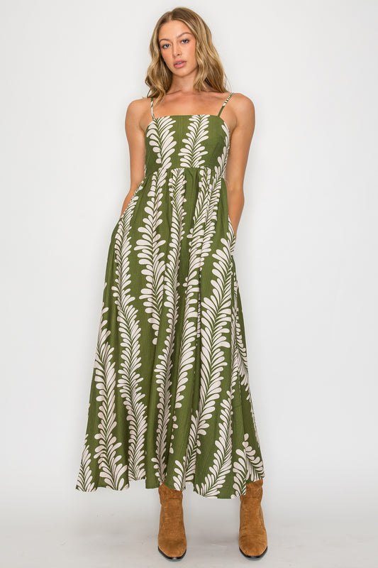 Leaf Cascade Botanical Print Maxi Dress