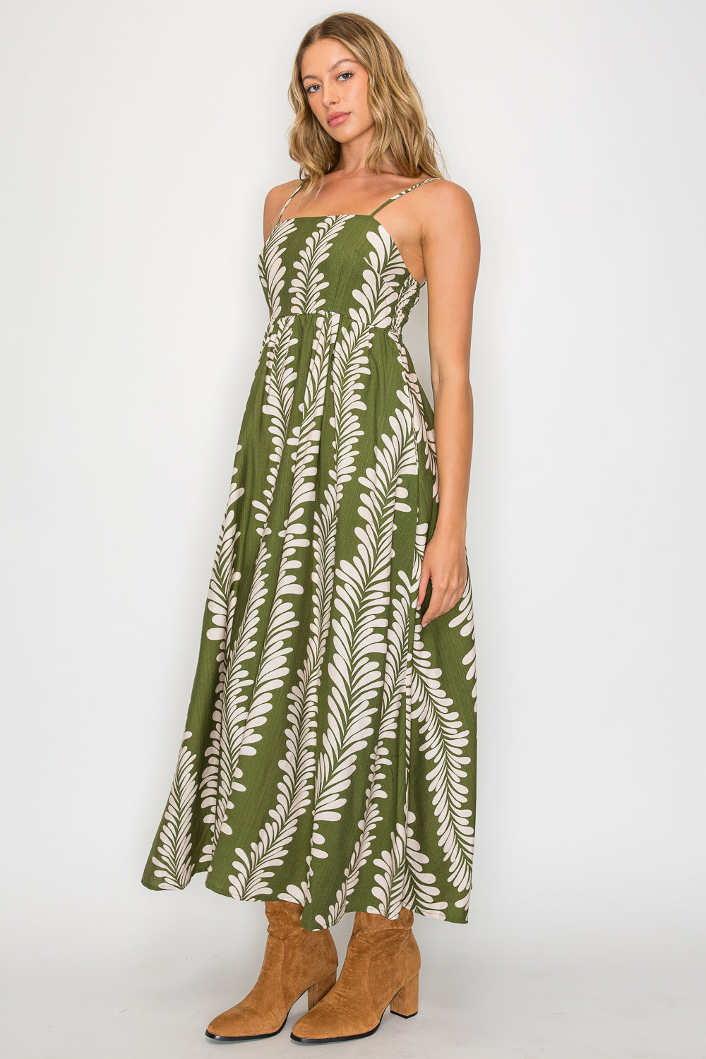 Leaf Cascade Botanical Print Maxi Dress